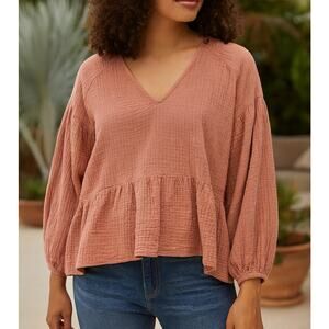Altar'd State Gauzy Long Sleeve V Neck Peplum Top Blouse Shirt Terracotta XL